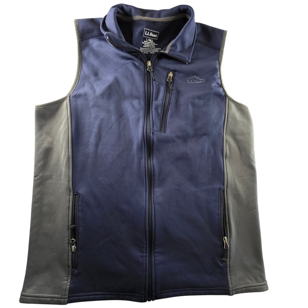LL Bean Mens Large Tall Full‎ Zip Softshell Fleece Vest Navy Gray Performance
